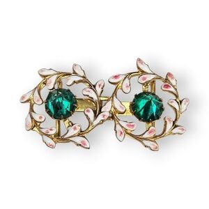Art Deco Rhinestone Belt Buckle Floral Enamel Inverted Green Glass Vtg 1930s 40s